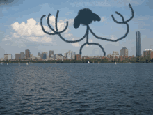 a drawing of an octopus floating over a body of water in front of a city skyline