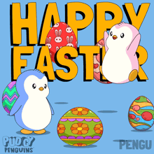 two penguins holding easter eggs with the words happy easter behind them