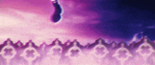 a group of people are standing in a line in front of a purple background .