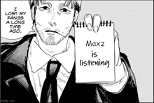 a man in a suit and tie is holding a notepad that says " maxz is listening "