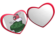 a heart shaped mirror with a picture of a cartoon character and the words " i 'm right there "