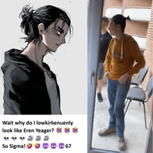 a drawing of eren yeager next to a photo of a person