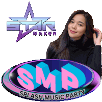 a woman is standing in front of a star maker splash music party logo