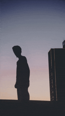 a silhouette of a man standing next to a tall building