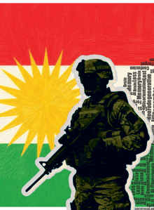 a soldier stands in front of a kurdish flag with a sticker that says " lost "
