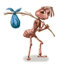 a cartoon ant is carrying a bag and stick .