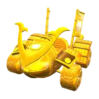 a golden vehicle with a samurai helmet on top