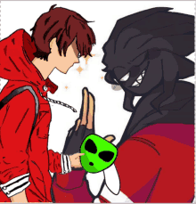 a drawing of a boy in a red hoodie giving a high five to an alien