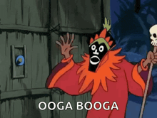 a cartoon character wearing a mask and holding a cane with the words ooga booga written on it .