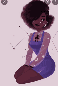 a drawing of a girl in a purple dress with stars on her shirt