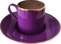 a purple cup of coffee on a saucer with a gold rim