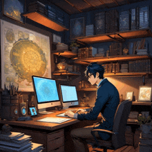 a man sits at a desk with two computer monitors and a map on the wall behind him