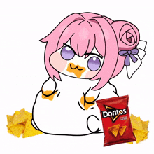 a drawing of a girl with pink hair and a bag of doritos