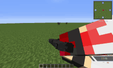 a screenshot of a minecraft game with a red and white item that says 15:15 on it