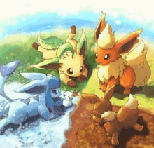 a group of pokemon are standing next to each other on a grassy field .