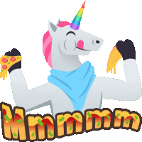 a unicorn with a rainbow horn is holding a slice of pizza and the word mmmm is below it