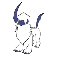 a cartoon drawing of a white monster with blue horns and red eyes .