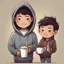 two boys in hoodies are holding cups of coffee and smiling