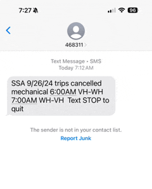 a text message from ssa 9/26/24 trips cancelled mechanical