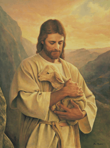 a painting of jesus holding a sheep with the name ray pearson on the bottom right