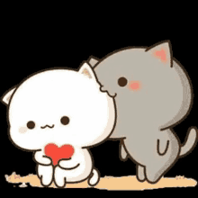 a white cat is holding a red heart next to a grey cat .