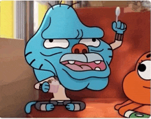 gumball from the amazing world of gumball is holding a spoon in his hand and drinking milk .