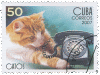 a postage stamp with a cat laying next to a telephone