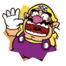 a cartoon of wario wearing purple overalls and a yellow hat is waving his hand .