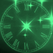 a green clock face with roman numerals including xii and vi