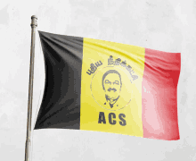 a black yellow and red flag with acs on it