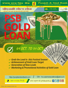 an advertisement for psb gold loan shows a hand holding gold jewelry and money