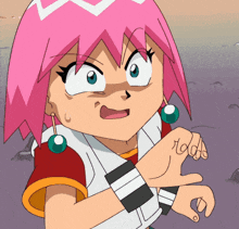 a girl with pink hair has a tattoo on her hand