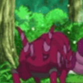 a red and purple cartoon character with a green leaf on its head .