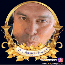 a man 's face is in a frame with the words the musical island on it