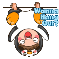 a cartoon penguin hanging upside down with the words wanna hang out