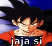 a close up of a dragon ball z character with the words `` jaja si '' written on it .