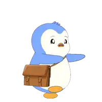 a penguin carrying a brown briefcase on its back