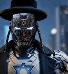 a man in a black hat is wearing a helmet with a star of david on it