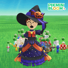 a witch with a pumpkin on her hat stands in a field with pikamin bloom characters