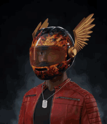 a man wearing a red jacket and a helmet with flames and gold wings