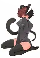a girl with cat ears and tail is kneeling down and covering her face with her hand .