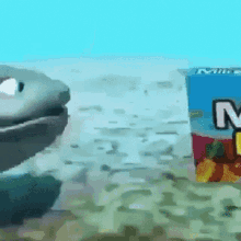 a shark is swimming next to a box of fruit juice .