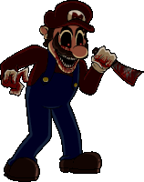 a cartoon of mario holding a bloody knife with his mouth open