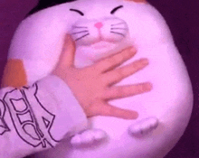 a person is holding a stuffed cat pillow in their hand .