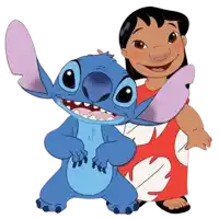 a cartoon character named stitch is standing next to a girl in a red dress