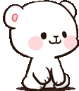 a white teddy bear with a pink nose is sitting down and looking at the camera .