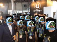 a group of people are standing in front of a unreal engine sign