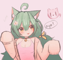 a drawing of a girl with green hair and cat ears says nya ?