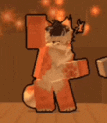 a furry fox is standing on a wooden floor in a room .