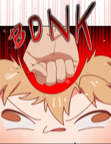 a cartoon drawing of a fist with the word bonk written above it